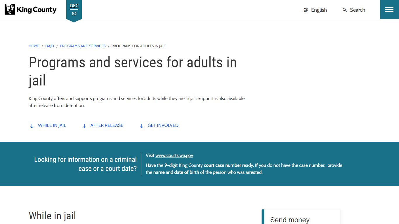 Programs and services for adults in jail - King County, Washington